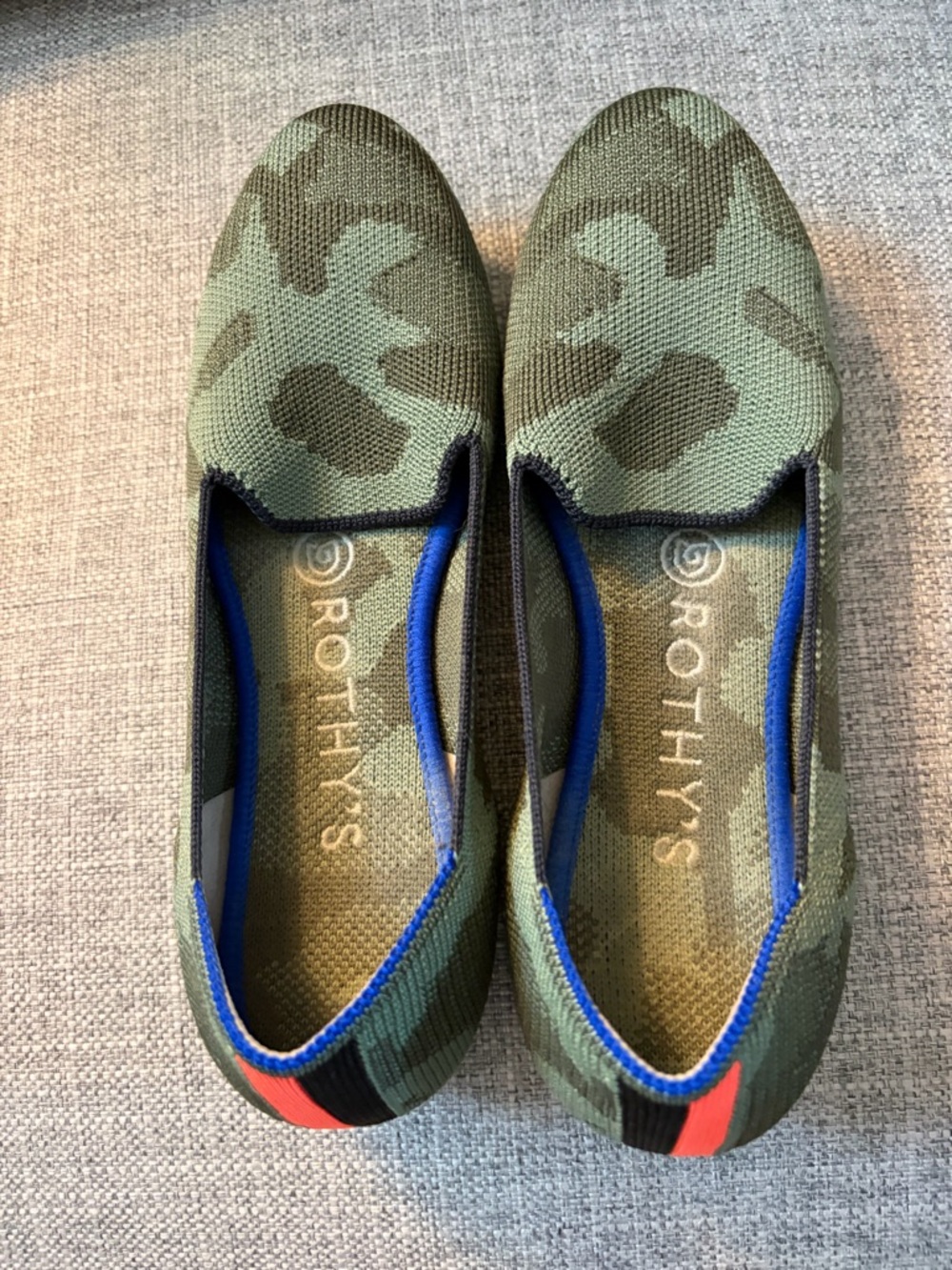 Rothy's Olive Green Camo Slip-On Flats with Blue Trim